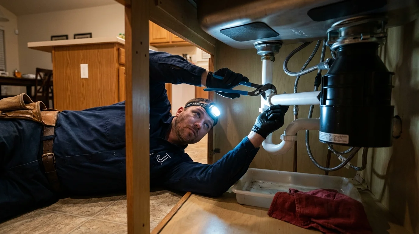 P-trap and supply line connections under a kitchen sink showing a common leak point in Raymond, MS